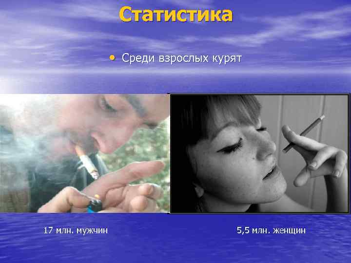 Статистика • Среди взрослых курят 17 млн. мужчин 5, 5 млн. женщин 
