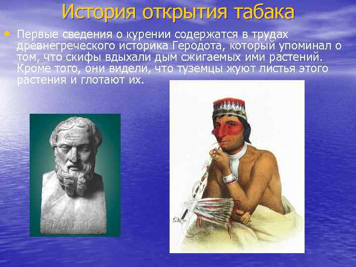 История открытия табака • Первые сведения о курении содержатся в трудах древнегреческого историка Геродота,