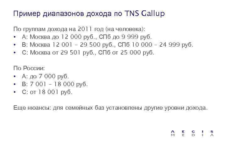 Пример диапазонов дохода по TNS Gallup По группам дохода на 2011 год (на человека):