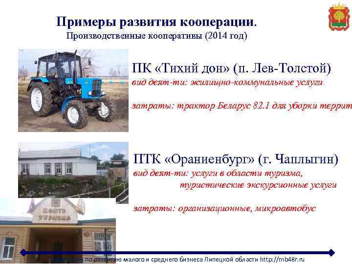 Примеры развития кооперации. Производственные кооперативы (2014 год) ПК «Тихий дон» (п. Лев-Толстой) вид деят-ти: