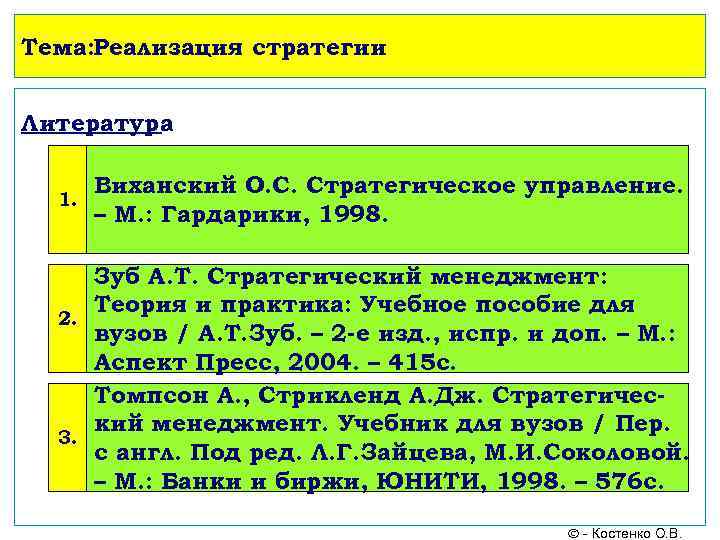 Тема: Реализация стратегии Литература 1. Виханский О. С. Стратегическое управление. – М. : Гардарики,
