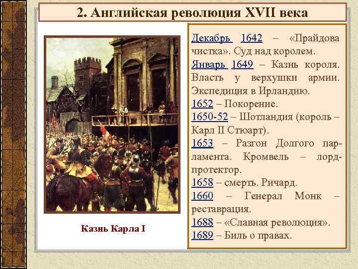 2. Английская революция XVII века Казнь Карла I Декабрь 1642 – «Прайдова чистка» .