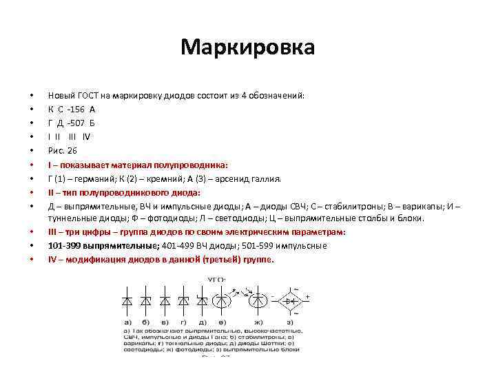 Маркировка • • • Новый ГОСТ на маркировку диодов состоит из 4 обозначений: К