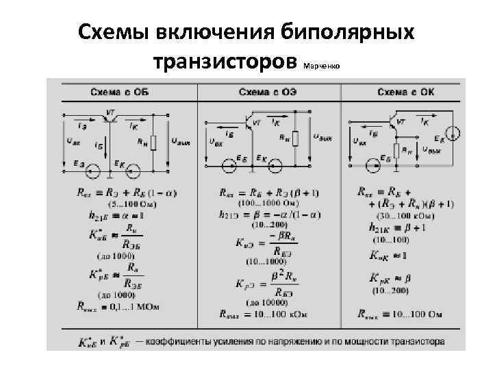 Схемы включения биполярных транзисторов Марченко 