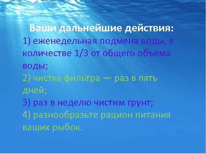  Ваши дальнейшие действия: 1) еженедельная подмена воды, в количестве 1/3 от общего объема