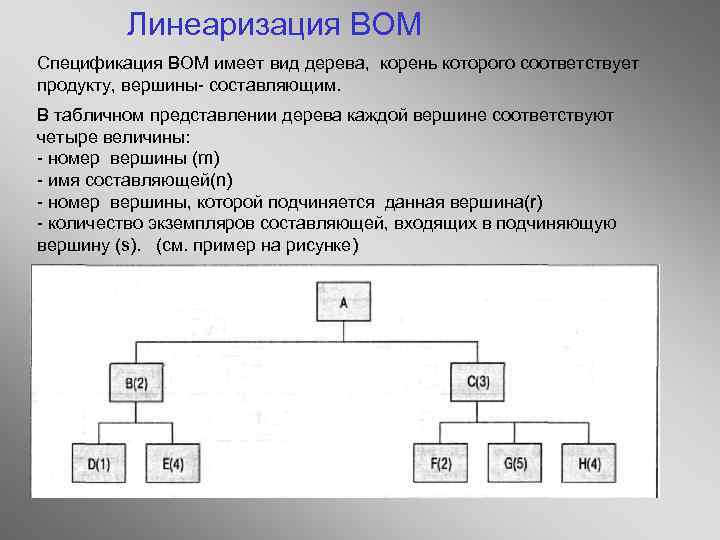 Линеаризация ВОМ Спецификация BOM имеет вид дерева, корень которого соответствует продукту, вершины- составляющим. В