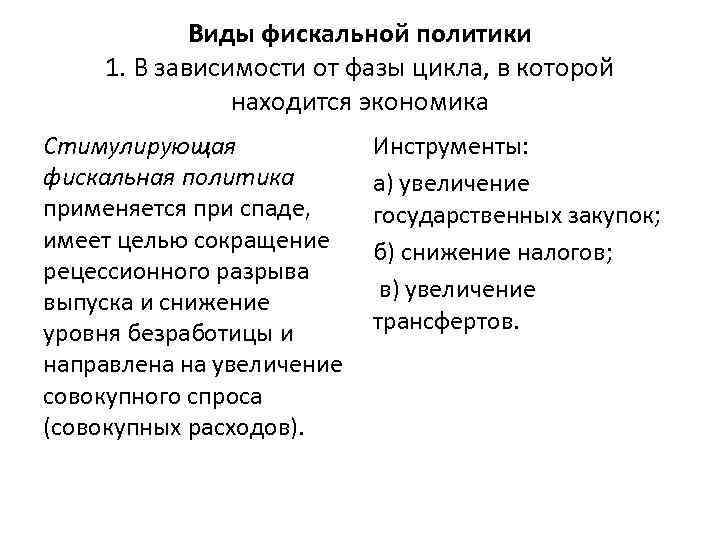 Виды фискальной политики 1. В зависимости от фазы цикла, в которой находится экономика Стимулирующая