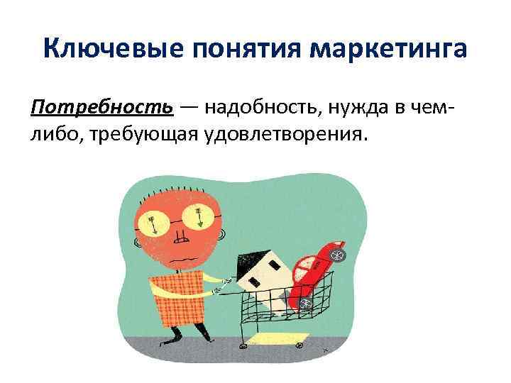 Ключевые понятия маркетинга Потребность — надобность, нужда в чемлибо, требующая удовлетворения. 