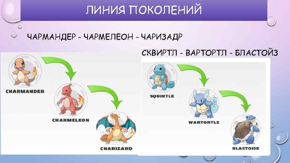 ЛИНИЯ ПОКОЛЕНИЙ ЧАРМАНДЕР - ЧАРМЕЛЕОН - ЧАРИЗАДР СКВИРТЛ - ВАРТОРТЛ - БЛАСТОЙЗ 