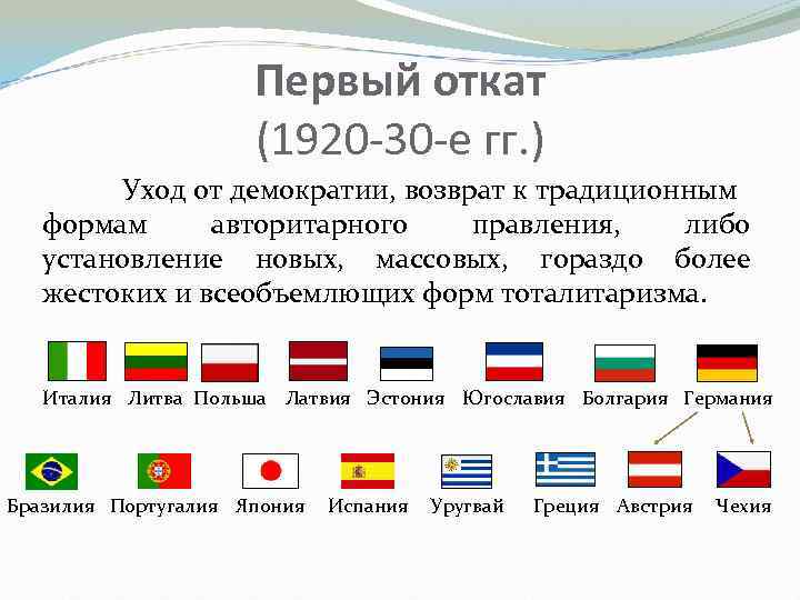 Первый откат (1920 -30 -е гг. ) Уход от демократии, возврат к традиционным формам