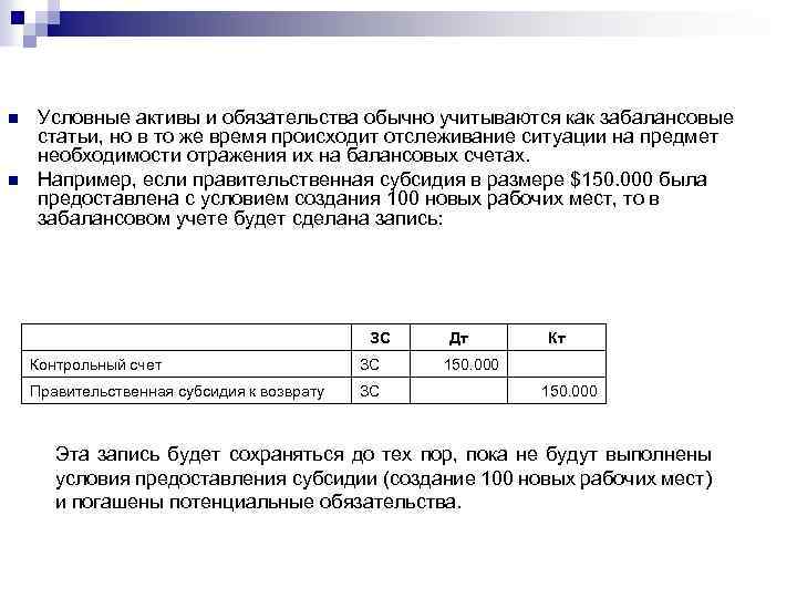 n n Условные активы и обязательства обычно учитываются как забалансовые статьи, но в то