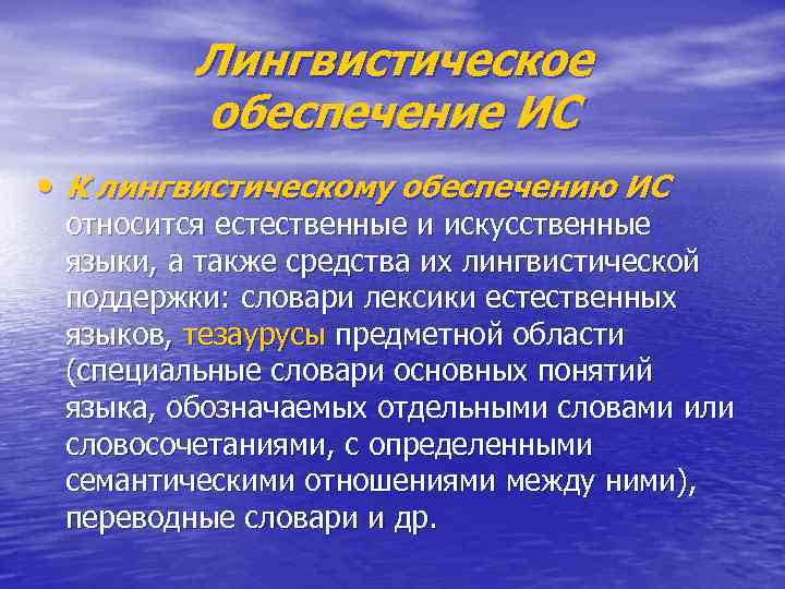 Лингвистическое обеспечение ИС • К лингвистическому обеспечению ИС относится естественные и искусственные языки, а