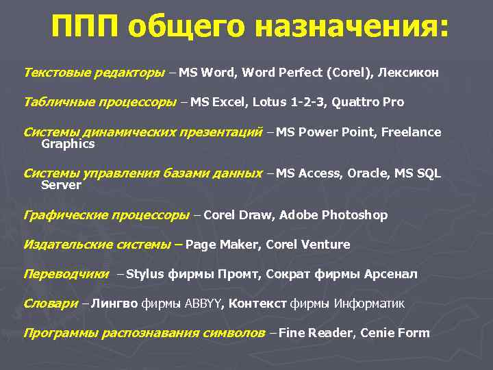 ППП общего назначения: Текстовые редакторы – MS Word, Word Perfect (Corel), Лексикон Табличные процессоры