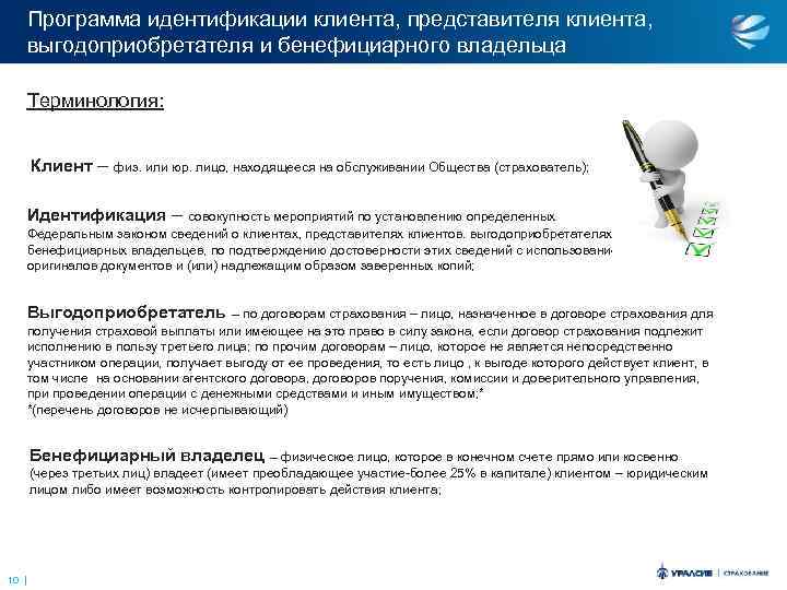 Программа идентификации клиента, представителя клиента, выгодоприобретателя и бенефициарного владельца Терминология: Клиент – физ. или