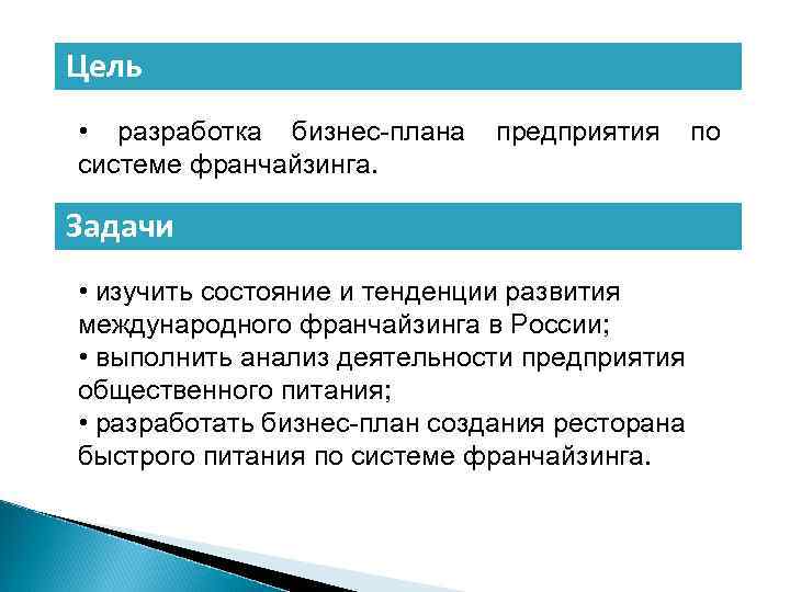 Цель • разработка бизнес-плана системе франчайзинга. предприятия Задачи • изучить состояние и тенденции развития