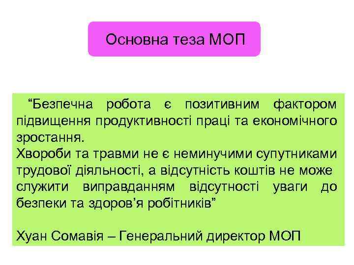  Основна теза МОП “Безпечна робота є позитивним фактором підвищення продуктивності праці та економічного