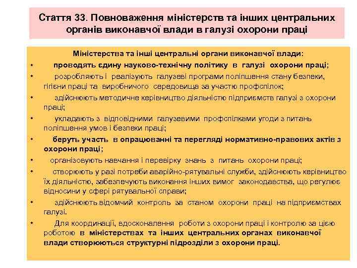 Стаття 33. Повноваження міністерств та інших центральних органів виконавчої влади в галузі охорони праці