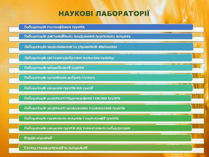 НАУКОВІ ЛАБОРАТОРІЇ Лабораторія геоекофізики ґрунтів Лабораторія дистанційного зондування ґрунтового покриву Лабораторія моделювання та управління