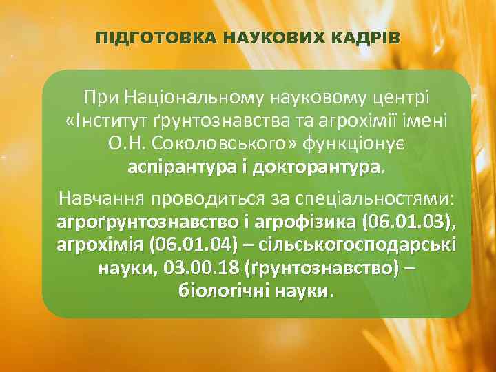ПІДГОТОВКА НАУКОВИХ КАДРІВ При Національному науковому центрі «Інститут ґрунтознавства та агрохімії імені О. Н.