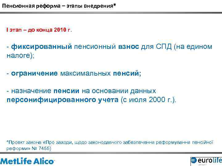Пенсионная реформа – этапы внедрения* І этап – до конца 2010 г. - фиксированный