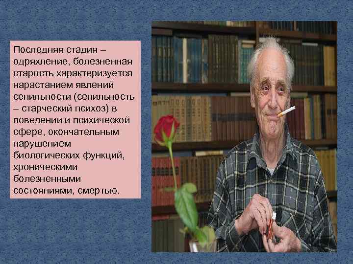 Последняя стадия – одряхление, болезненная старость характеризуется нарастанием явлений сенильности (сенильность – старческий психоз)