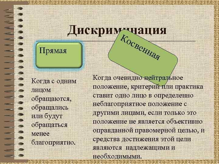 Дискриминация К Прямая Когда с одним лицом обращаются, обращались или будут обращаться менее благоприятно.