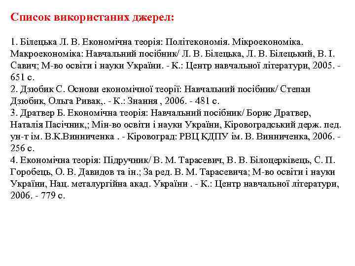 Список використаних джерел: 1. Білецька Л. В. Економічна теорія: Політекономія. Мікроекономіка. Макроекономіка: Навчальний посібник/