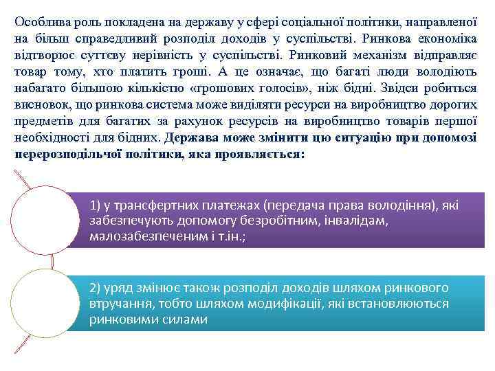 Особлива роль покладена на державу у сфері соціальної політики, направленої на більш справедливий розподіл