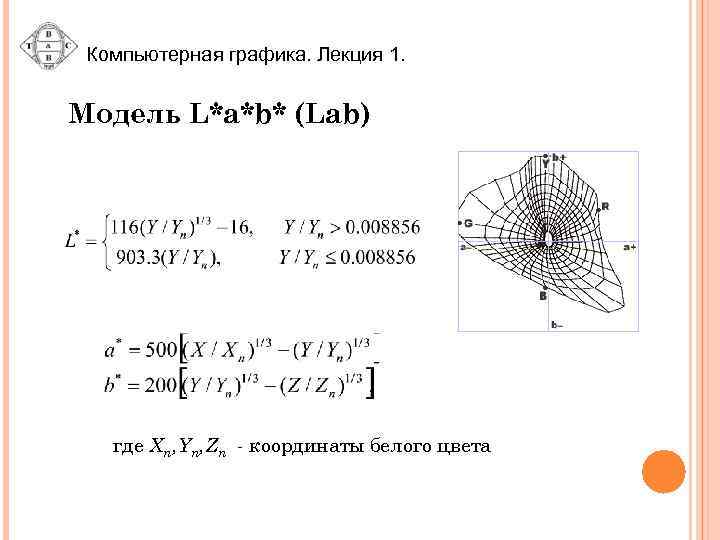 Компьютерная графика. Лекция 1. Модель L*a*b* (Lab) где Xn, Yn, Zn - координаты белого