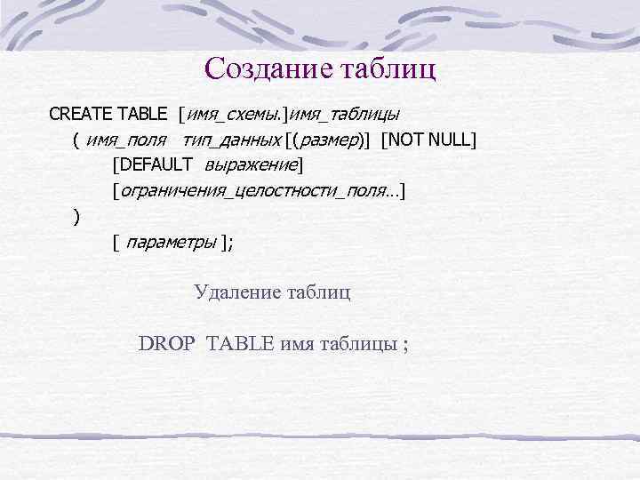 Создание таблиц CREATE TABLE [имя_схемы. ]имя_таблицы ( имя_поля тип_данных [(размер)] [NOT NULL] [DEFAULT выражение]