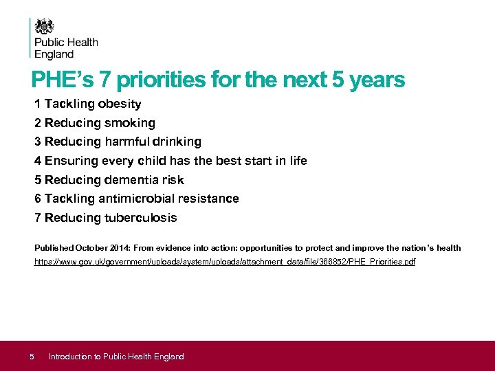 PHE’s 7 priorities for the next 5 years 1 Tackling obesity 2 Reducing smoking