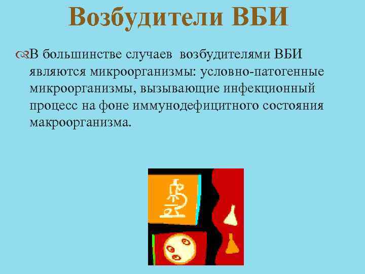 Возбудители ВБИ В большинстве случаев возбудителями ВБИ являются микроорганизмы: условно-патогенные микроорганизмы, вызывающие инфекционный процесс