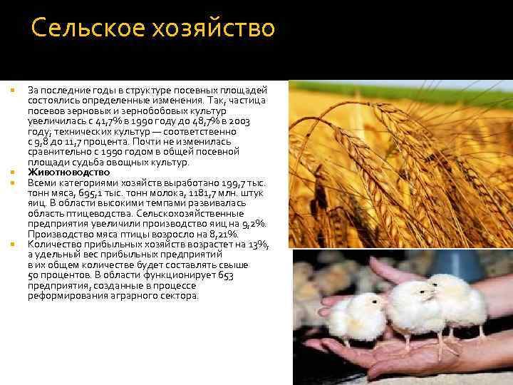 Сельское хозяйство За последние годы в структуре посевных площадей состоялись определенные изменения. Так, частица