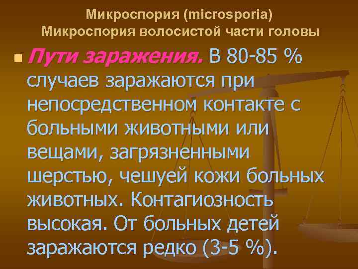 Микроспория (microsporia) Микроспория волосистой части головы n Пути заражения. В 80 -85 % случаев