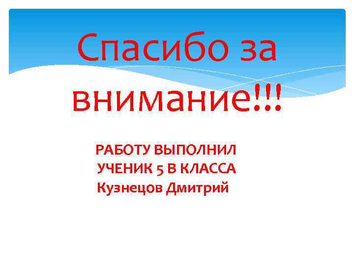 Спасибо за внимание!!! РАБОТУ ВЫПОЛНИЛ УЧЕНИК 5 В КЛАССА Кузнецов Дмитрий 