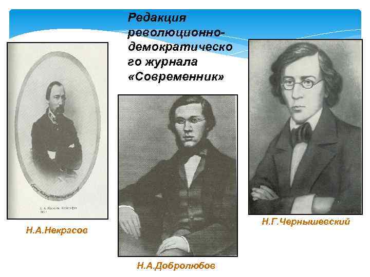 Редакция революционнодемократическо го журнала «Современник» Н. Г. Чернышевский Н. А. Некрасов Н. А. Добролюбов