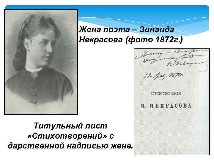 Жена поэта – Зинаида Некрасова (фото 1872 г. ) Титульный лист «Стихотворений» с дарственной