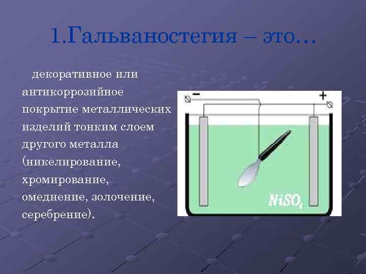 1. Гальваностегия – это… декоративное или антикоррозийное покрытие металлических изделий тонким слоем другого металла