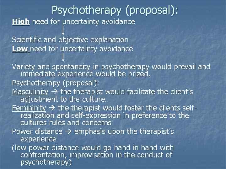 Psychotherapy (proposal): High need for uncertainty avoidance Scientific and objective explanation Low need for