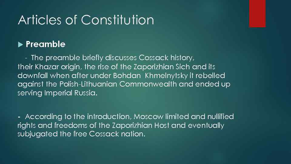 Articles of Constitution Preamble - The preamble briefly discusses Cossack history, their Khazar origin,