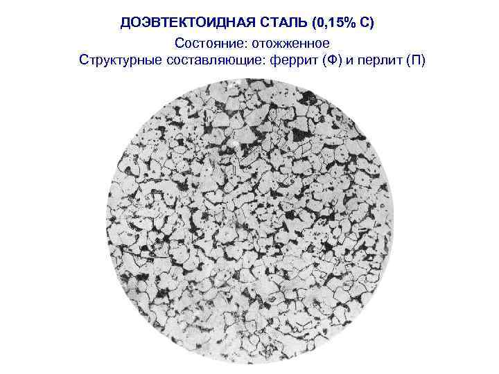 ДОЭВТЕКТОИДНАЯ СТАЛЬ (0, 15% С) Состояние: отожженное Структурные составляющие: феррит (Ф) и перлит (П)