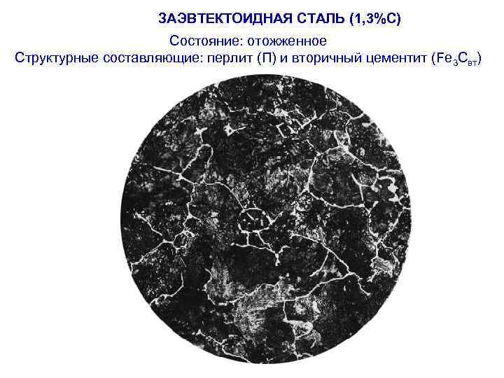 ЗАЭВТЕКТОИДНАЯ СТАЛЬ (1, 3%С) Состояние: отожженное Структурные составляющие: перлит (П) и вторичный цементит (Fe
