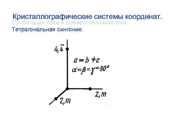 Кристаллографические системы координат. Ориентация осей и элементов симметрии Тетрагональная сингония: 