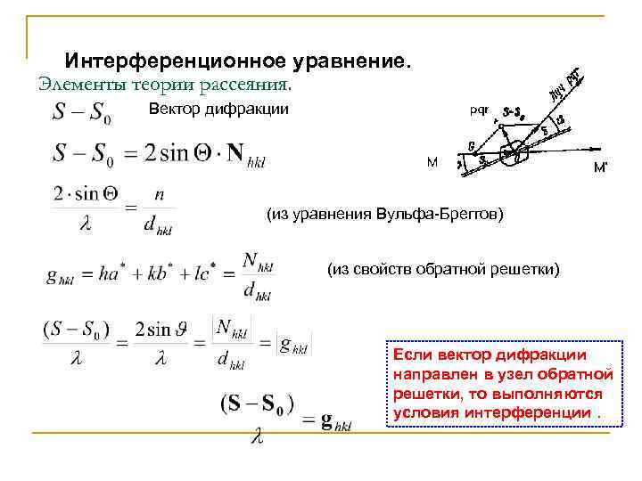 Интерференционное уравнение. Элементы теории рассеяния. Вектор дифракции (из уравнения Вульфа-Бреггов) (из свойств обратной решетки)