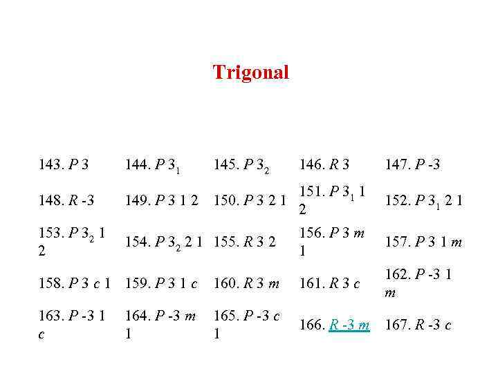 Trigonal 143. P 3 144. P 31 145. P 32 148. R -3 149.