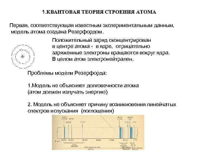 1. КВАНТОВАЯ ТЕОРИЯ СТРОЕНИЯ АТОМА Первая, соответствующая известным экспериментальным данным, модель атома создана Резерфордом.