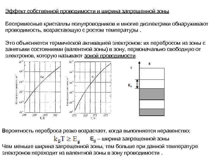 Эффект собственной проводимости и ширина запрещенной зоны Беспримесные кристаллы полупроводников и многие диэлектрики обнаруживают