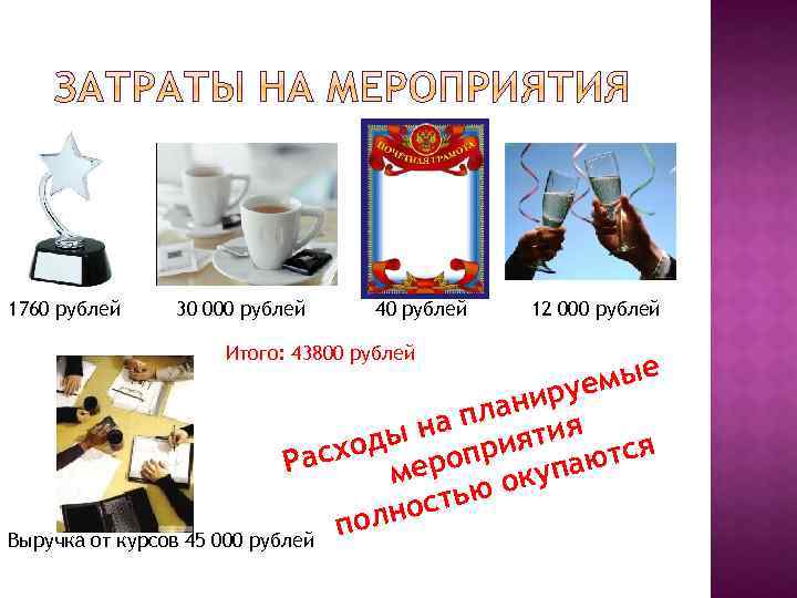 1760 рублей 30 000 рублей 40 рублей Итого: 43800 рублей 12 000 рублей мые