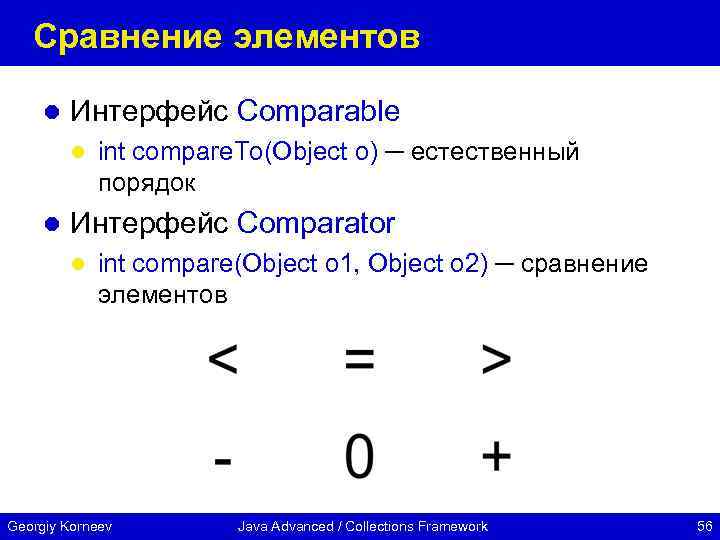 Сравнение элементов l Интерфейс Comparable l l int compare. To(Object o) ─ естественный порядок