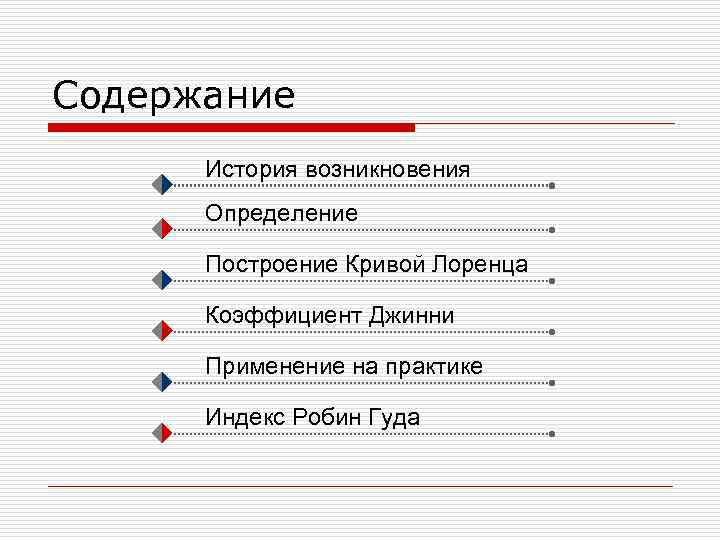 Содержание История возникновения Определение Построение Кривой Лоренца Коэффициент Джинни Применение на практике Индекс Робин